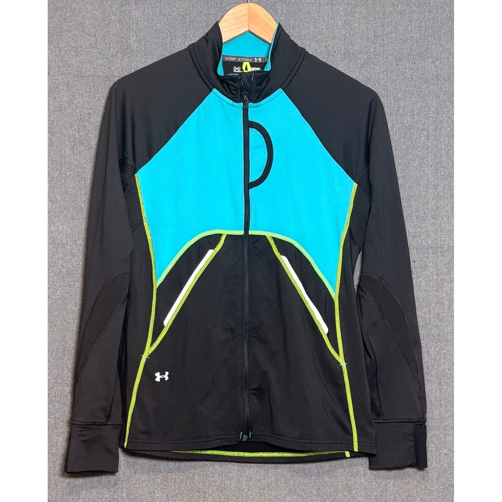 Under Armour ColdGear Womens Run Jacket Black Teal Full Zip Medium Semi-Fitted